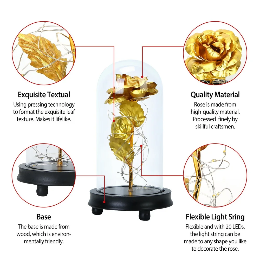 Alt tag: Gold artificial rose encased in a glass dome with LED lights, showcasing exquisite leaf texture, high-quality materials, an environmentally friendly wooden base, and flexible light string for customizable decoration.