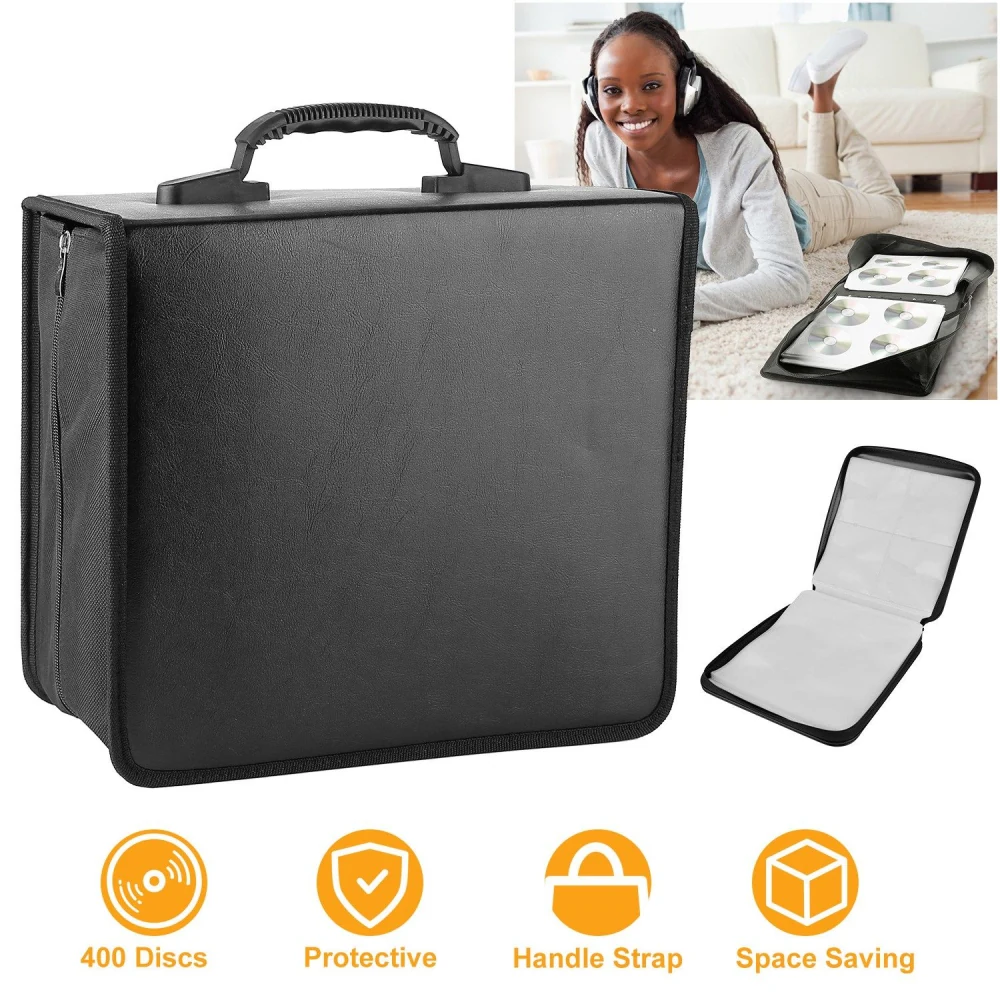 Black storage case for up to 400 discs, featuring a protective design with a handle strap and space-saving structure, displayed alongside a user listening to music comfortably.