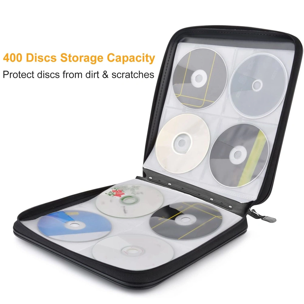 CD and DVD storage case with 400 disc capacity, showcasing organized discs in protective sleeves to guard against dirt and scratches.