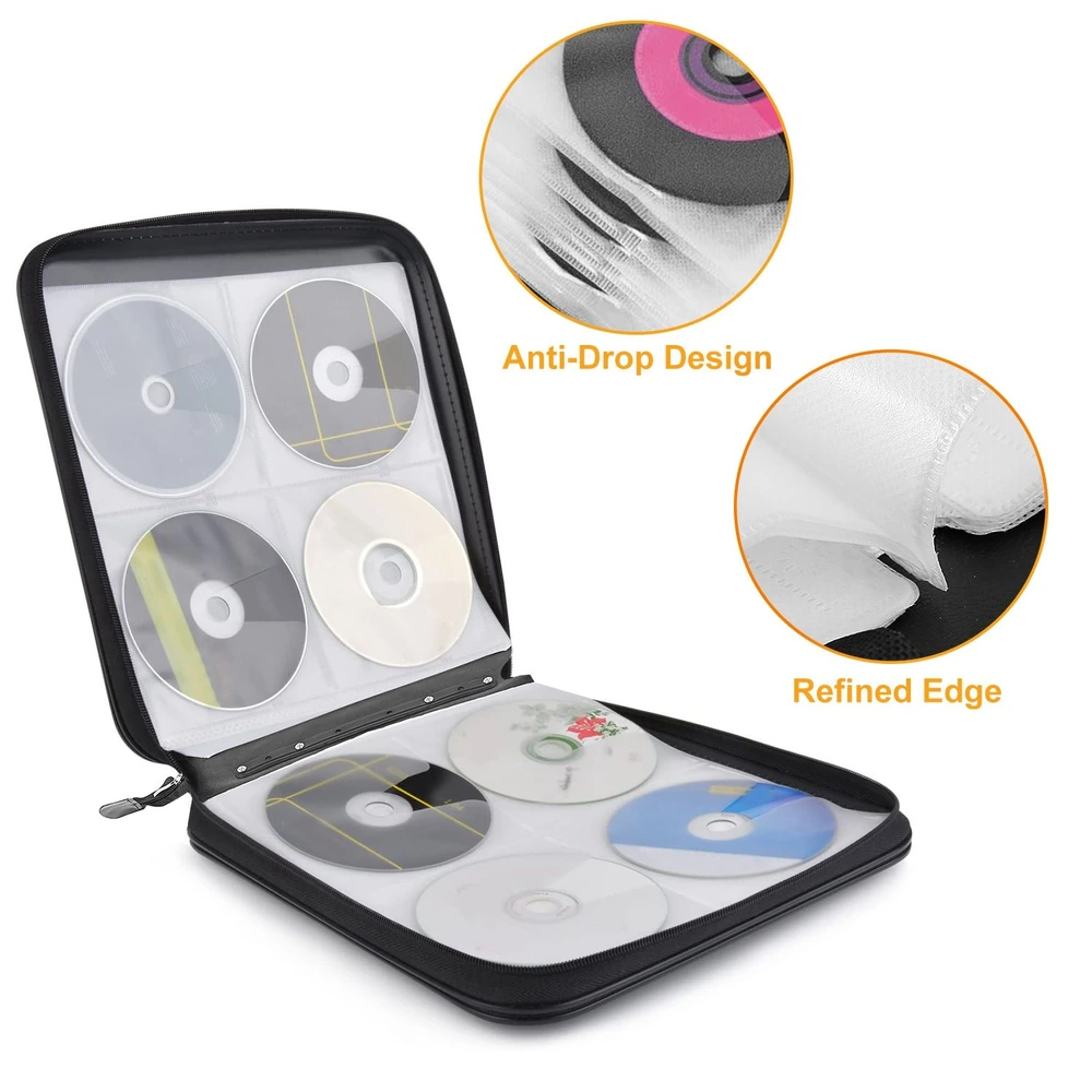 CD storage case featuring anti-drop design and refined edges, holding multiple discs securely in organized slots.