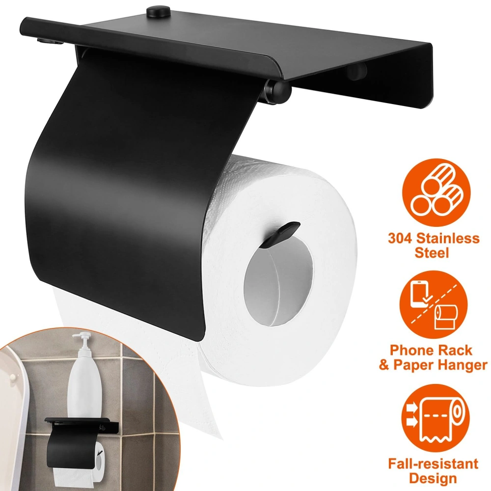 Modern black toilet paper holder made of 304 stainless steel with a built-in phone rack and fall-resistant design, featuring a sleek roll of white toilet paper.
