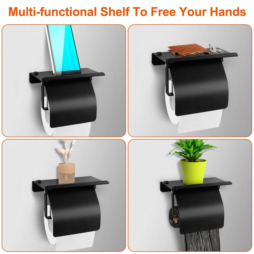 Multi-functional wall shelf for bathroom use, designed to hold a smartphone, books, or small plants, with a sleek black finish and integrated toilet paper holder.