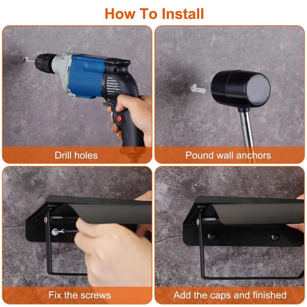 Installation guide for wall mount shelf showing four steps: drilling holes, pounding wall anchors, fixing screws, and adding caps for a finished look.