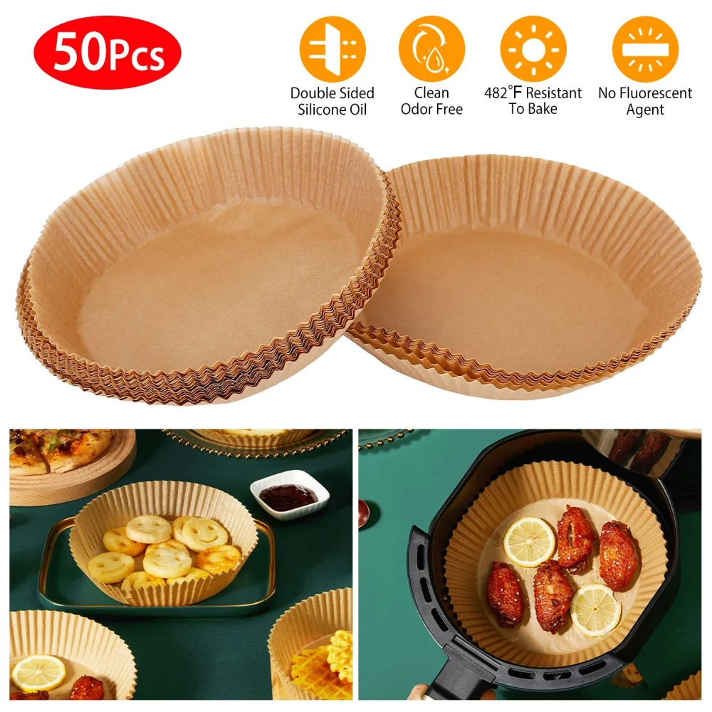 Set of 50 round, double-sided silicone oil parchment paper baking liners, featuring a zigzag edge, designed for use in air fryers, ovens, and cooking trays, with a resistance to temperatures up to 482°F, ensuring a clean, odor-free cooking experience without fluorescent agents.