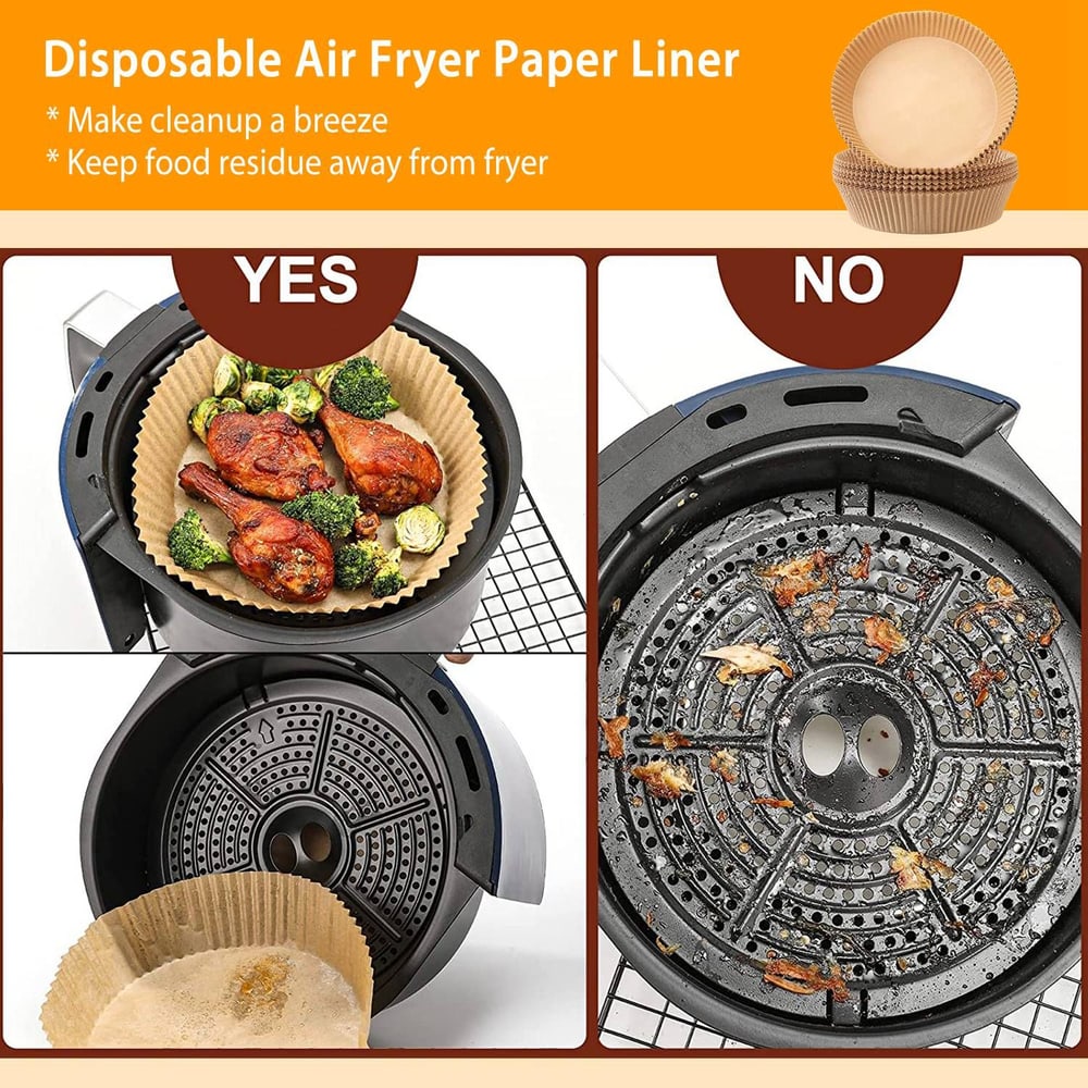 Image showing a disposable air fryer paper liner in use, featuring cooked chicken and broccoli on the left in a clean fryer basket and a dirty fryer bottom on the right, emphasizing ease of cleanup and food residue prevention.