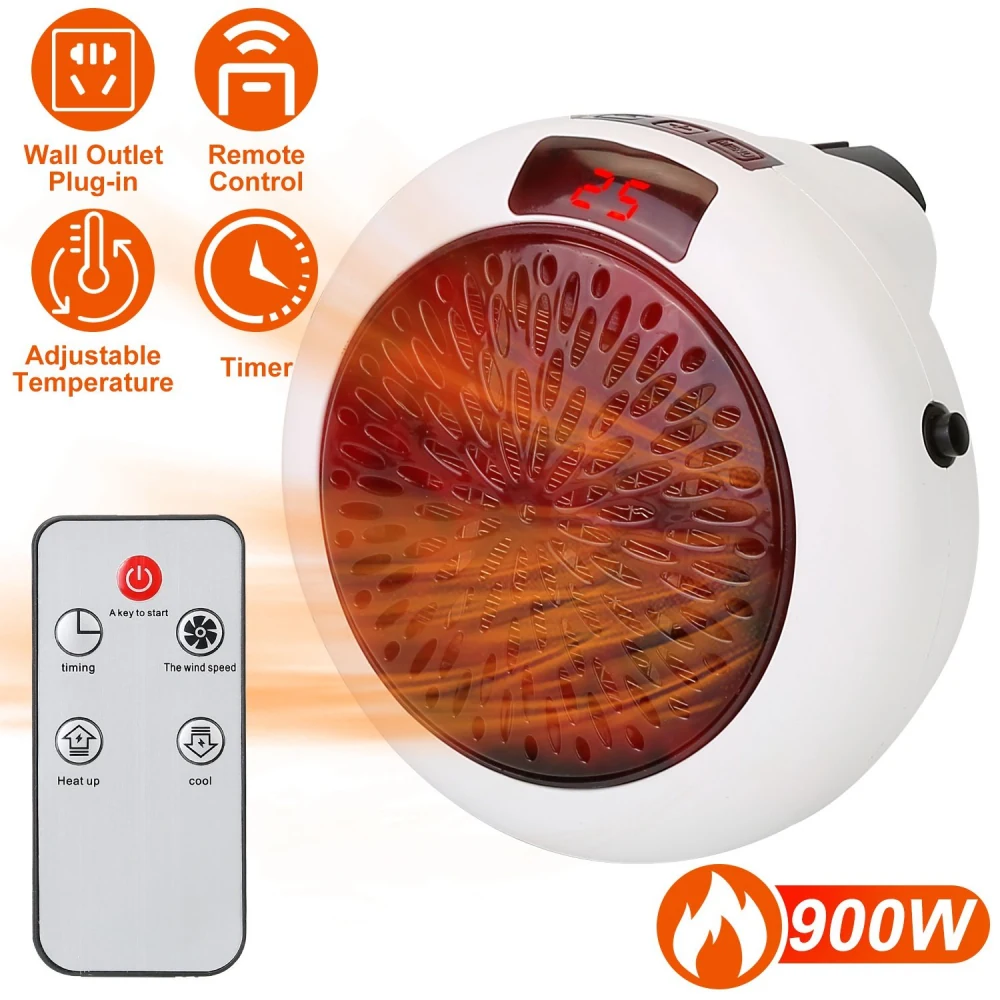 Compact 900W wall outlet plug-in heater with remote control, adjustable temperature settings, and timer functionality, featuring a red heating element and digital display.