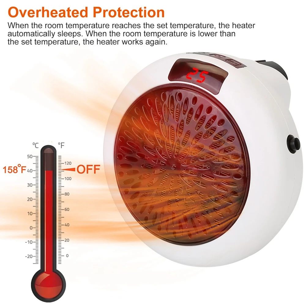 Compact electric heater with overheating protection, featuring a temperature display set at 25°C and an accompanying thermometer graphic indicating safety threshold at 158°F.
