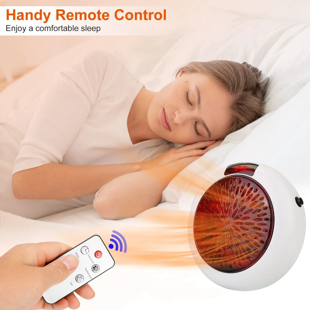 Compact electric heater with handy remote control, providing warmth and comfort for a good night's sleep.