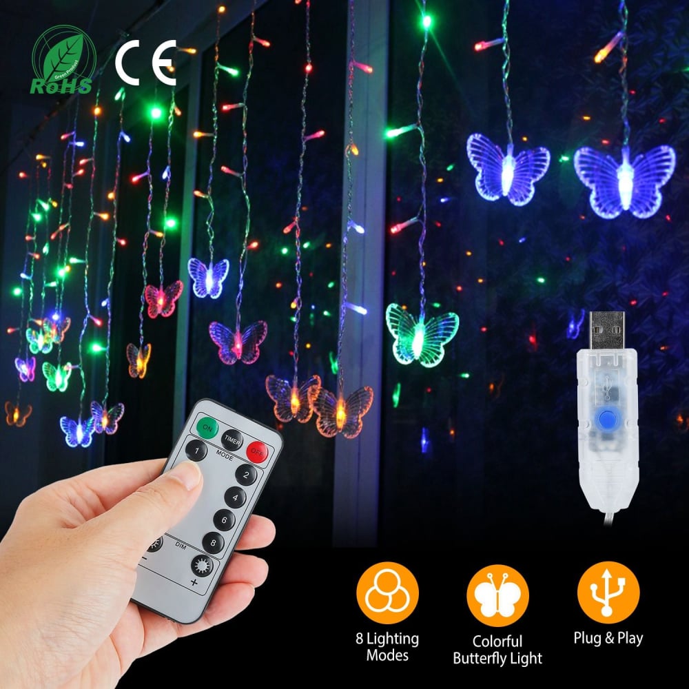 Colorful butterfly string lights with remote control, featuring 8 lighting modes and USB plug for easy setup, illuminating a vibrant display of butterflies against a dark background.