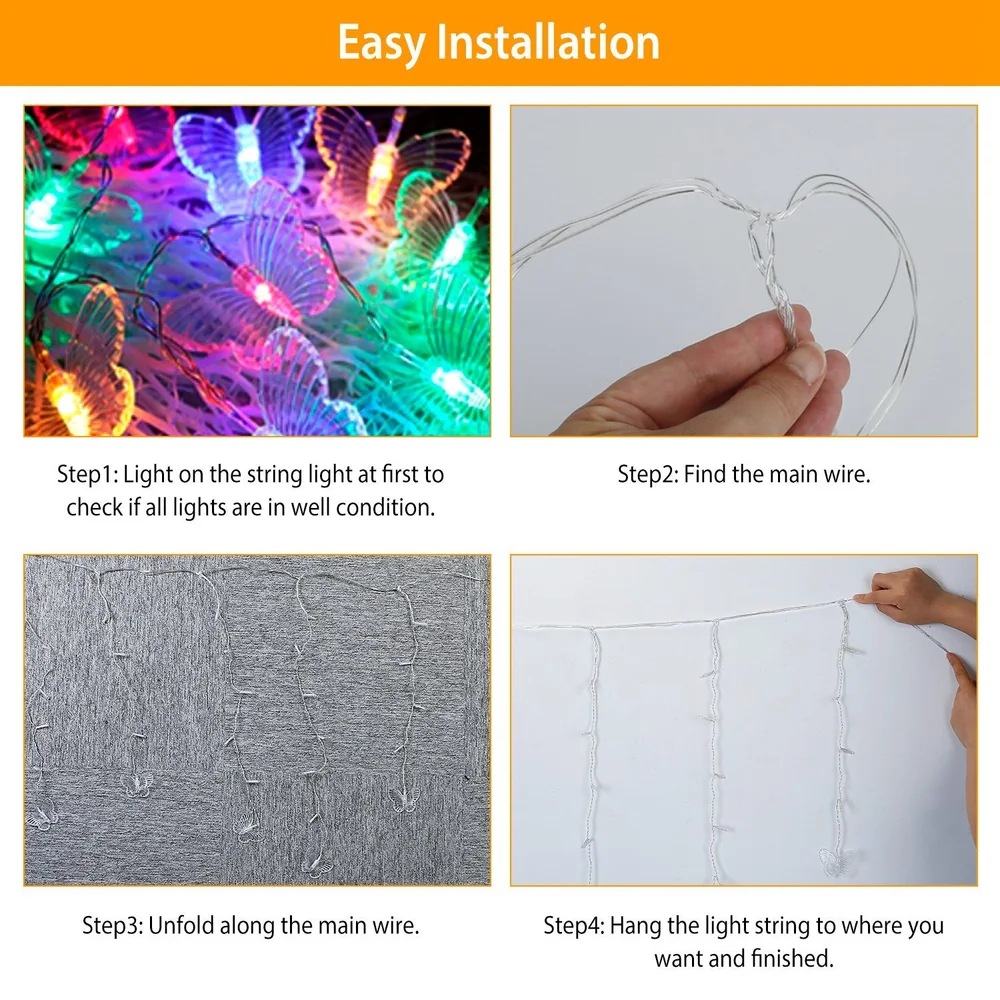 Step-by-step guide for installing colorful butterfly string lights, featuring bright lights, clear main wire, and the four easy steps for setup.