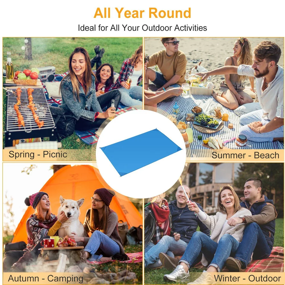 Outdoor activity mat for picnics, camping, and beach use; features a vibrant blue color, ideal for all seasons.