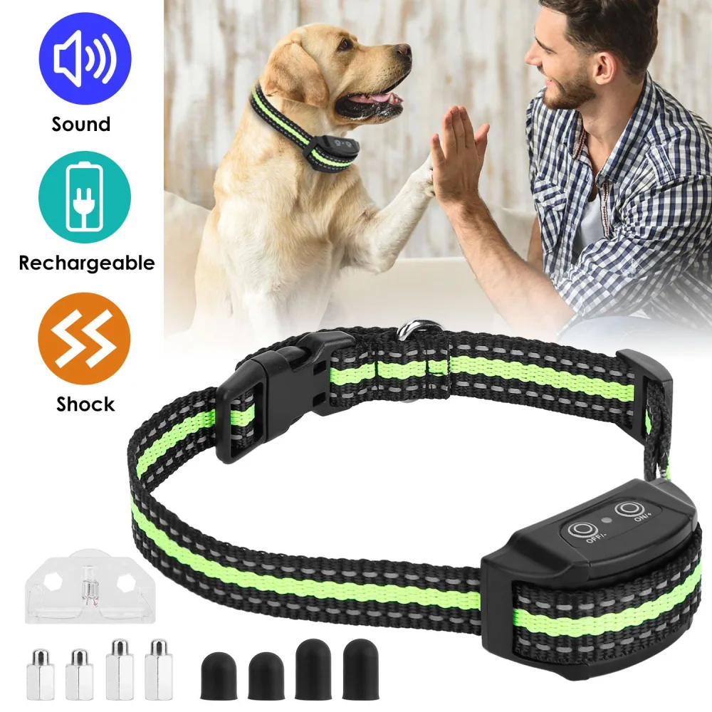 Dog training collar with sound and shock features, featuring a rechargeable battery, adjustable size, and a vibrant black and green design, shown alongside a happy Labrador retriever and its owner engaged in training.