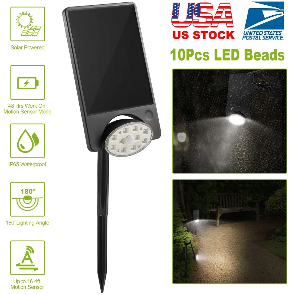 Solar-powered LED garden spotlight with motion sensor, 10 LED beads, IP65 waterproof rating, designed for outdoor lighting with 180-degree beam angle, ideal for illuminating pathways and gardens.