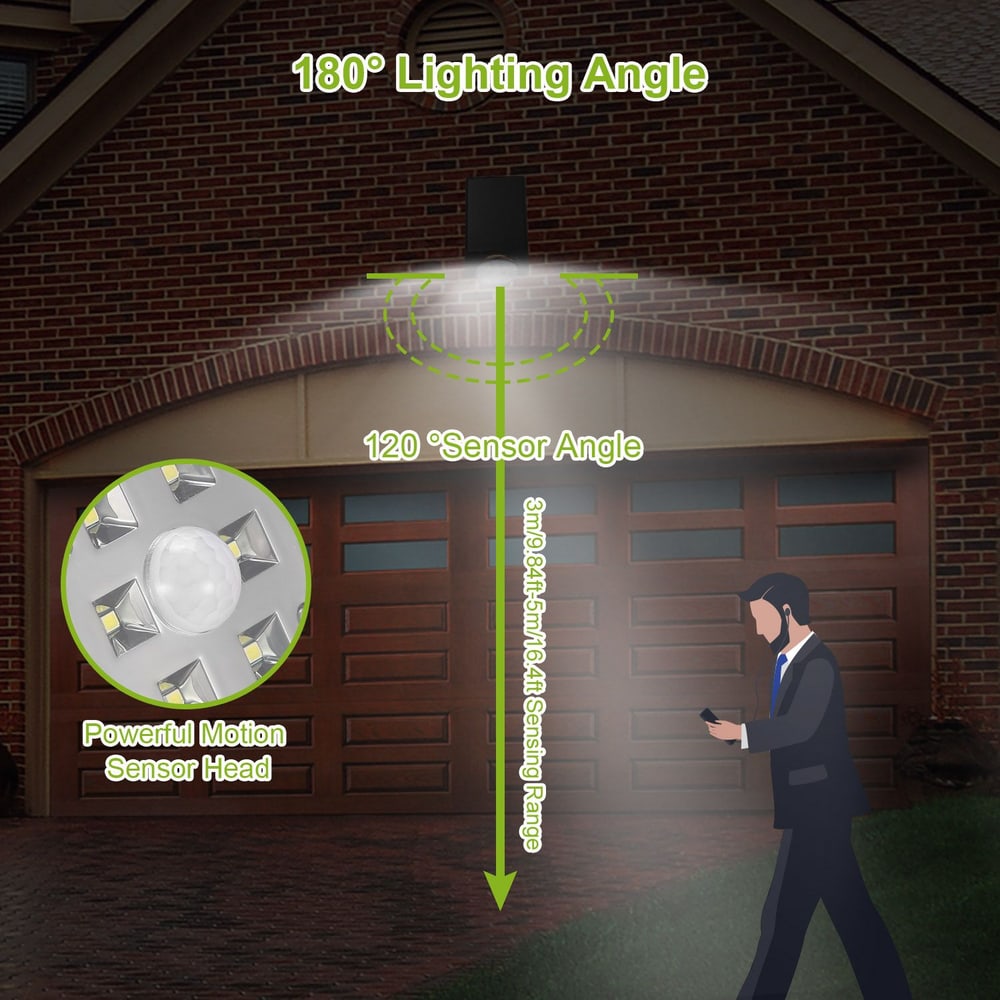 Motion-activated outdoor security light with a 180° lighting angle and a 120° sensor angle, showing a person activating the light near a garage.