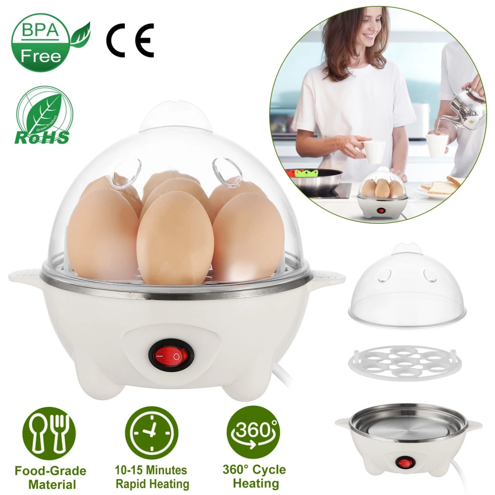 Electric egg cooker with transparent dome, featuring six eggs, 360° heating technology, rapid cooking in 10-15 minutes, and food-grade BPA-free material, perfect for any kitchen.