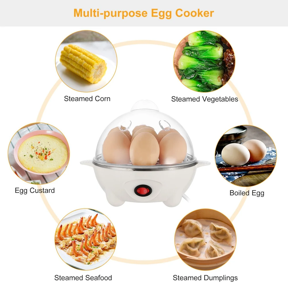 Multi-purpose egg cooker with six eggs, surrounded by images of steamed corn, vegetables, seafood, dumplings, egg custard, and boiled eggs, showcasing its versatile cooking capabilities.