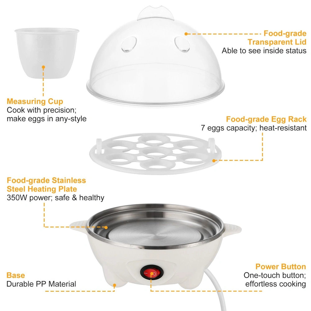 Egg cooker with measuring cup, transparent lid, stainless steel heating plate, and egg rack for 7 eggs; features a one-touch power button for easy cooking.