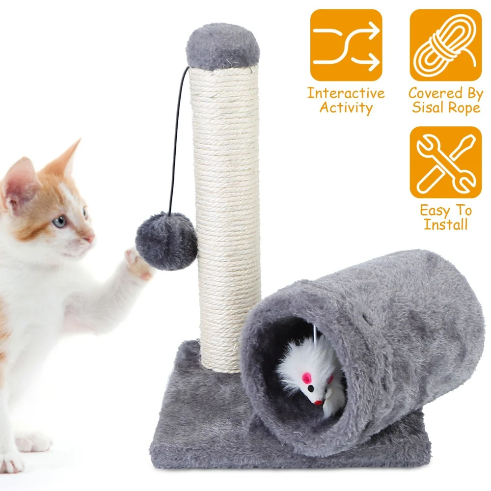 Playful cat interacting with a gray scratching post and plush tunnel featuring a hanging toy ball, designed for interactive play and easy installation.