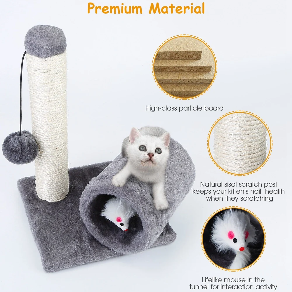 Cat tree scratcher and play tunnel with lifelike mouse toy, featuring a natural sisal scratch post and soft plush material for comfort and durability.