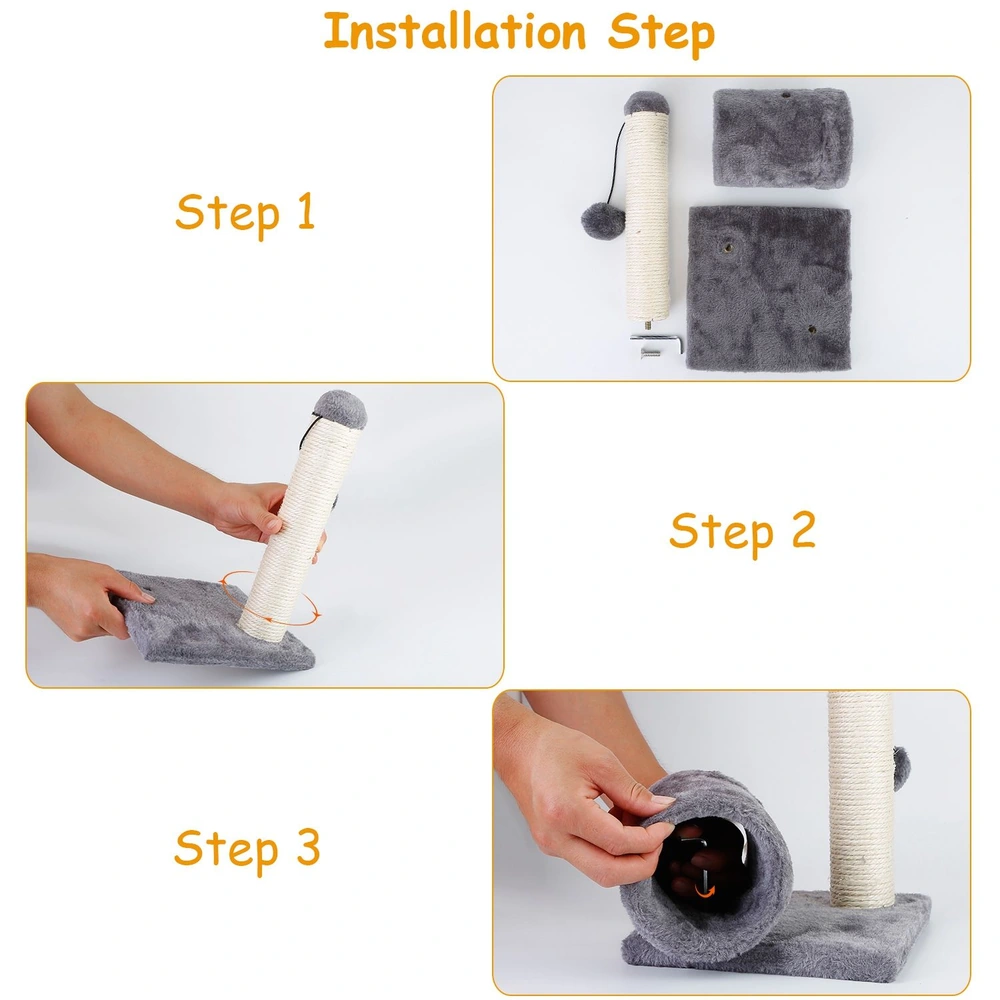 Step-by-step installation guide for a cat scratching post, illustrating three clear steps with hands demonstrating assembly of the plush base and scratching pole.
