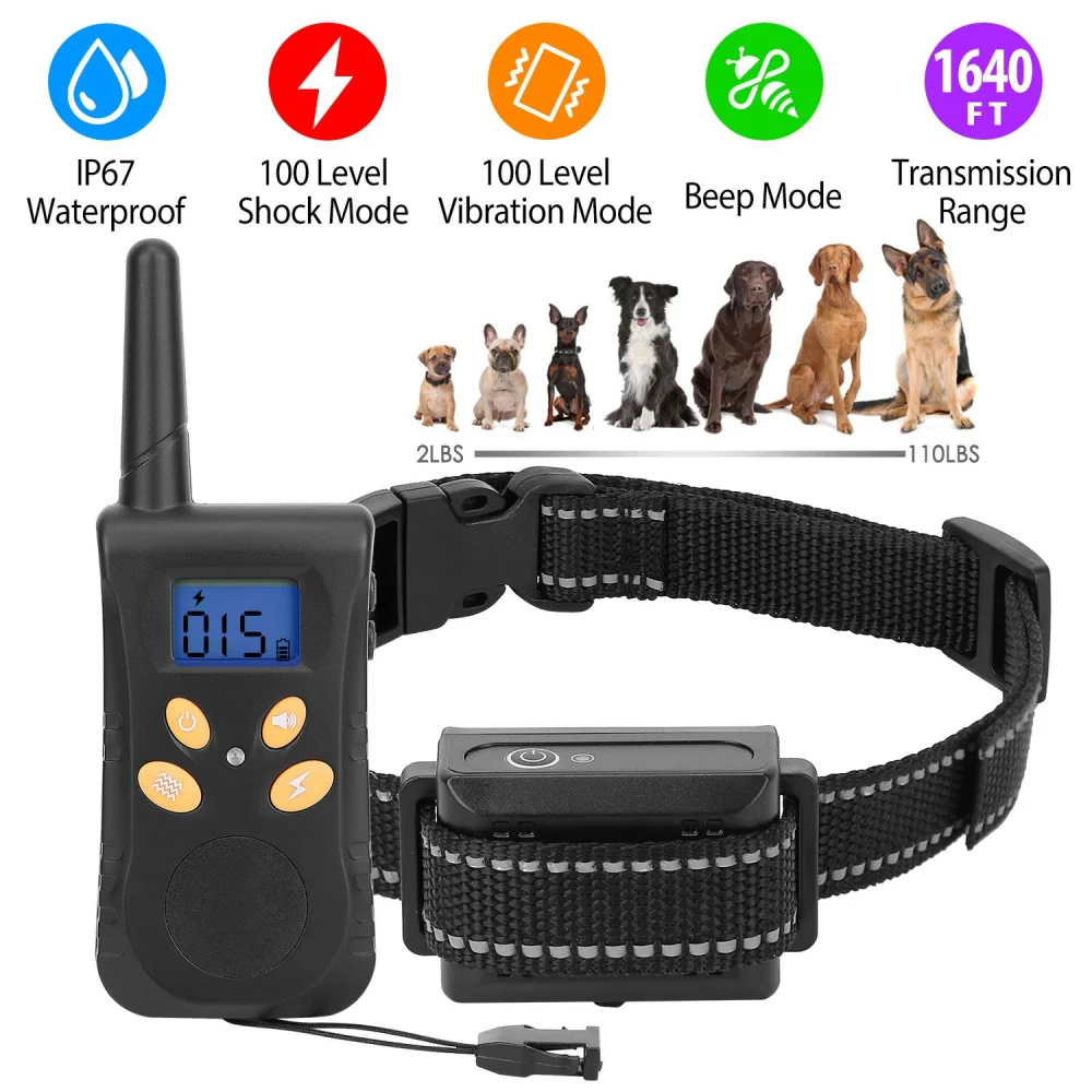 Dog training collar with waterproof remote, adjustable shock and vibration settings, and a transmission range of 1640 ft, suitable for dogs weighing 2 to 110 lbs.