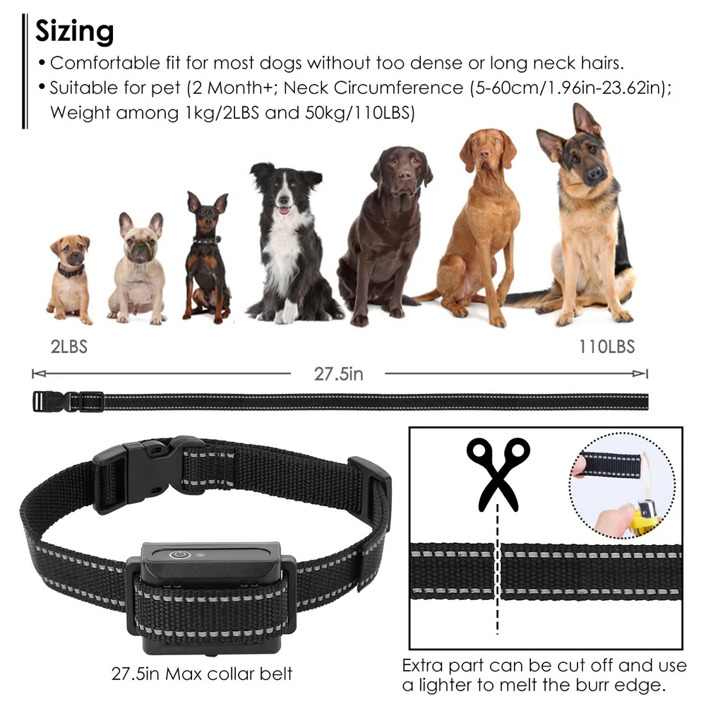 Adjustable dog collar suitable for neck sizes 5-60 cm, accommodating dogs from 2 lbs to 110 lbs, featuring a 27.5-inch maximum length and user-friendly cutting instructions for a customized fit.