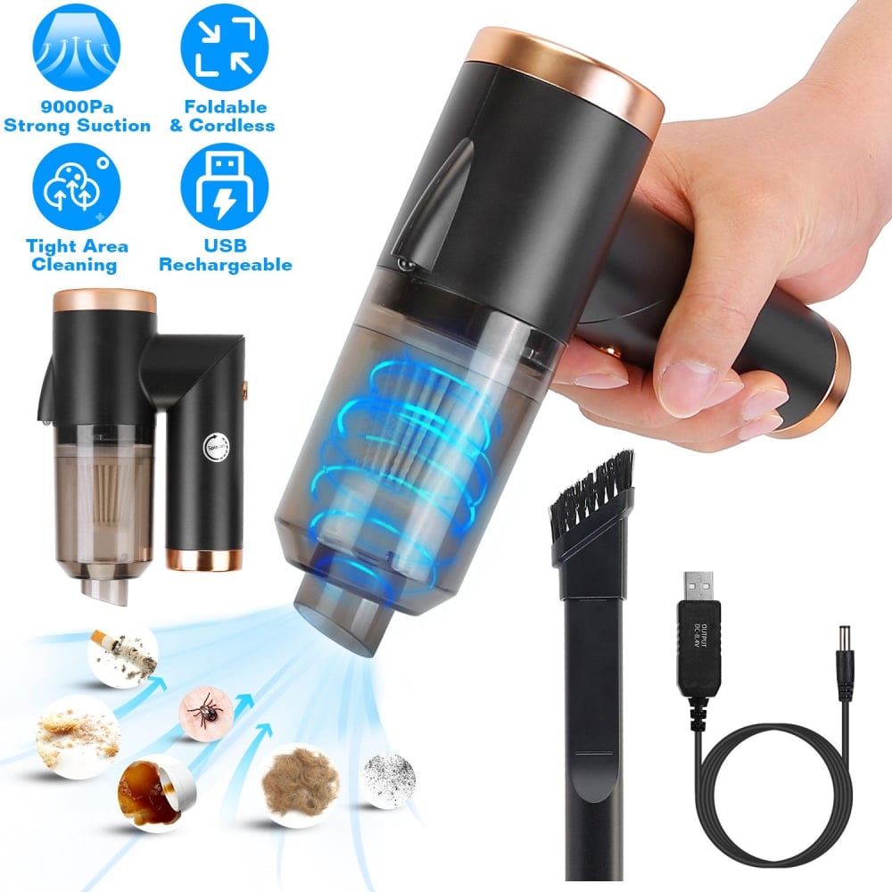 Handheld portable vacuum cleaner with strong 9000Pa suction, USB rechargeable feature, and attached brush for tight area cleaning.