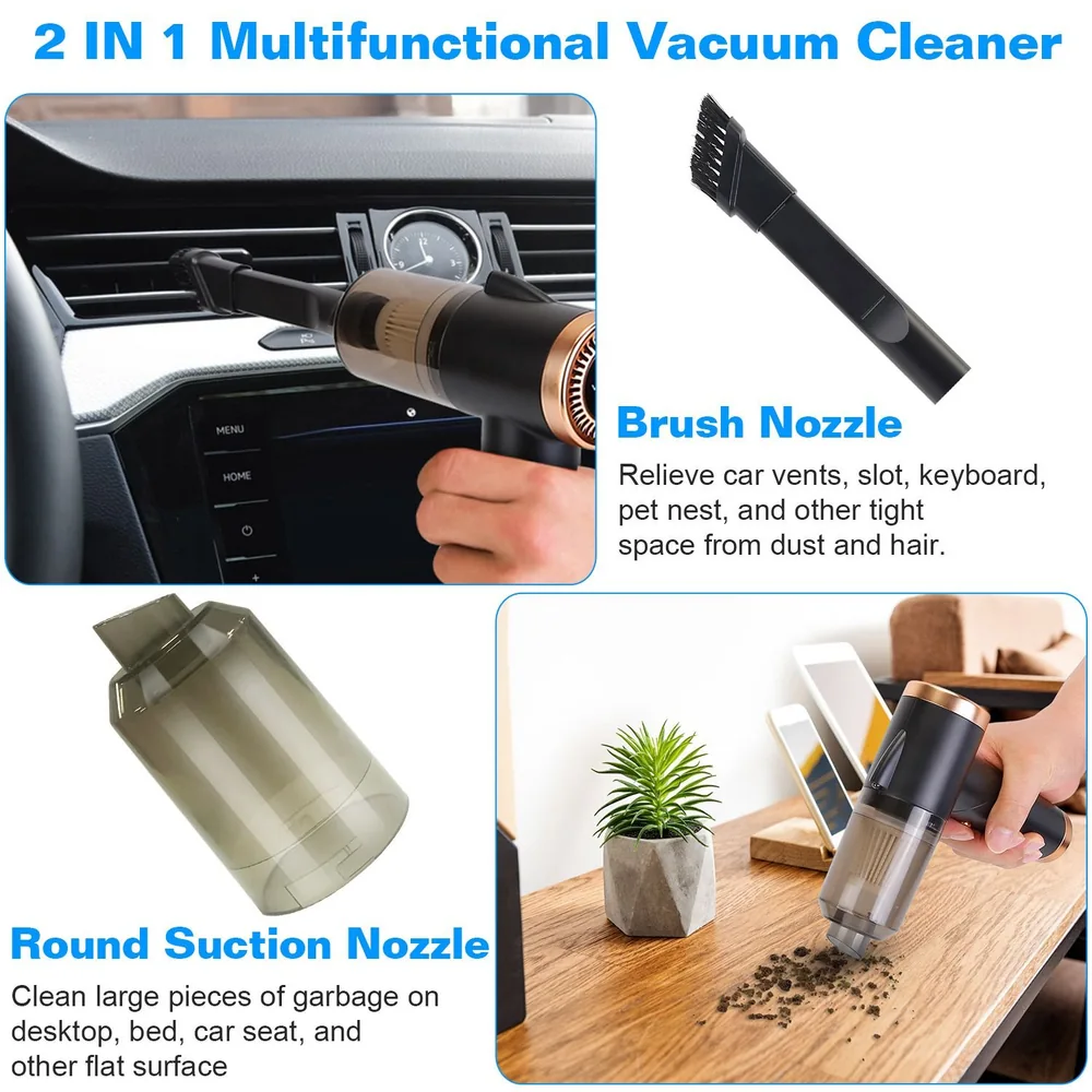 2-in-1 multifunctional vacuum cleaner with brush and round suction nozzles for effective cleaning of tight spaces, car interiors, and flat surfaces.