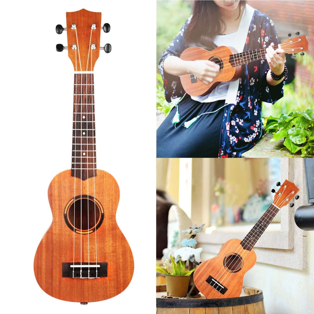 Ukulele with a warm wood finish, displayed alongside a woman playing it outdoors, showcasing its design and musical appeal.