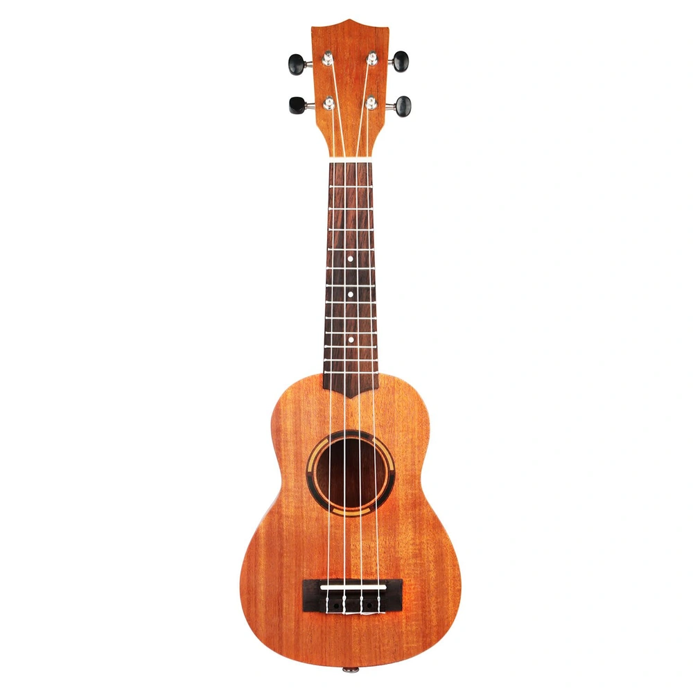 Mahogany soprano ukulele with a smooth natural finish, featuring four nylon strings, a round sound hole, and a simple fretboard design, ideal for beginners and music enthusiasts.