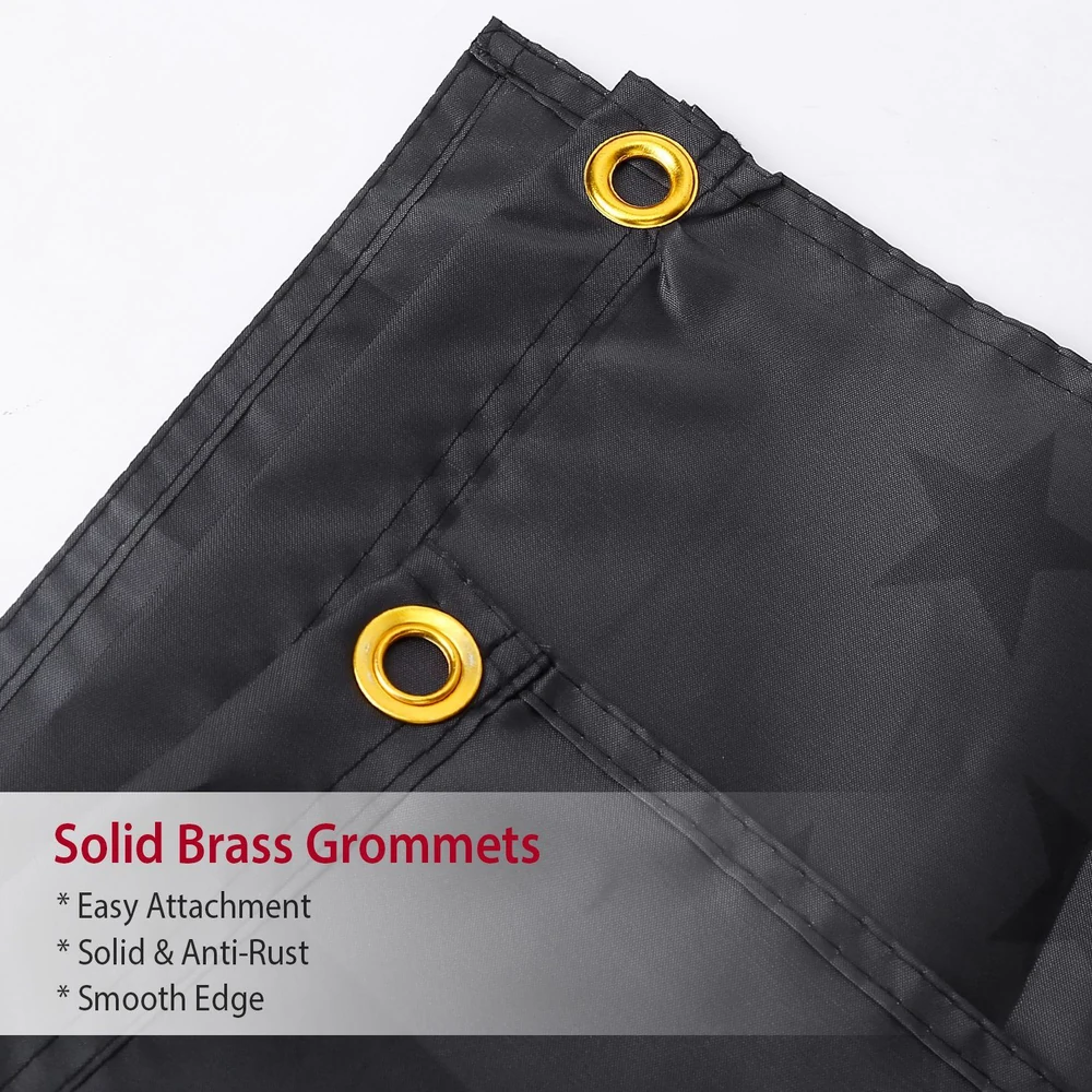 Close-up of a black fabric with solid brass grommets, highlighting easy attachment, anti-rust features, and smooth edges for durable use.