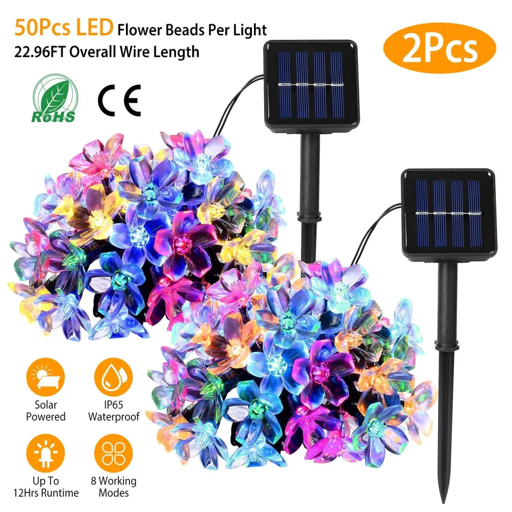 Colorful solar-powered LED flower lights with 50 beads per light, featuring waterproof design, 22.96FT wire length, and eight working modes for outdoor decoration.