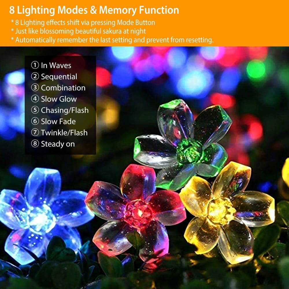 Colorful flower-shaped LED string lights with 8 lighting modes, illuminated in various colors against a dark background, perfect for creating a vibrant atmosphere in outdoor or indoor spaces.