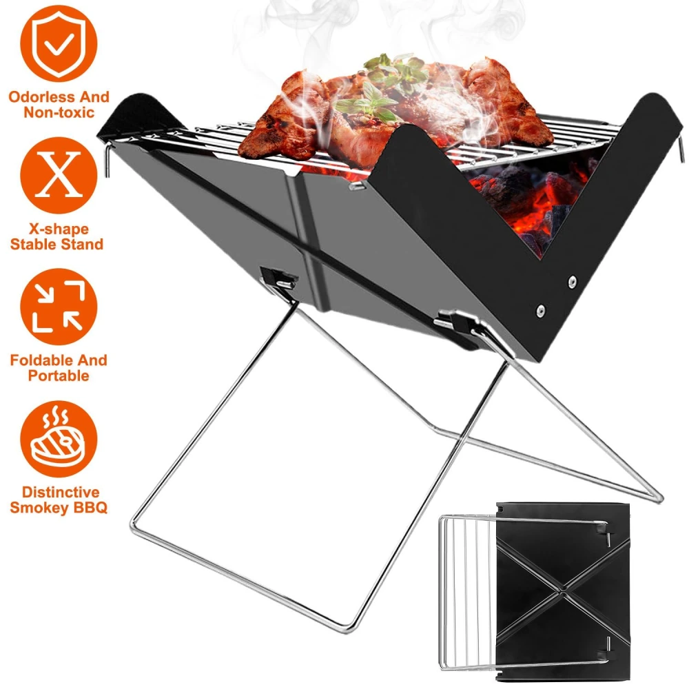 Portable foldable BBQ grill with steaks grilling and smoke rising, featuring an odorless, non-toxic design and a stable X-shape stand.