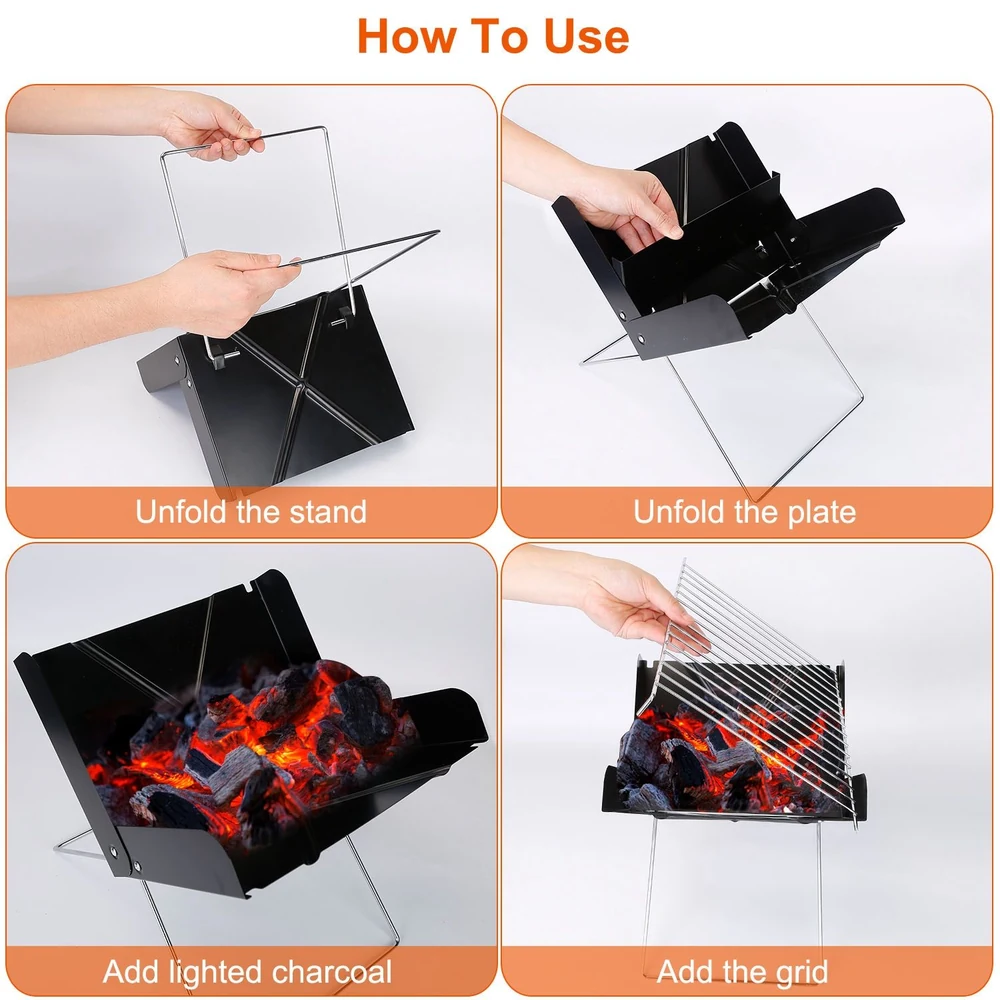 Step-by-step guide for using a portable charcoal grill, showing how to unfold the stand, plate, and add charcoal and grilling grid.