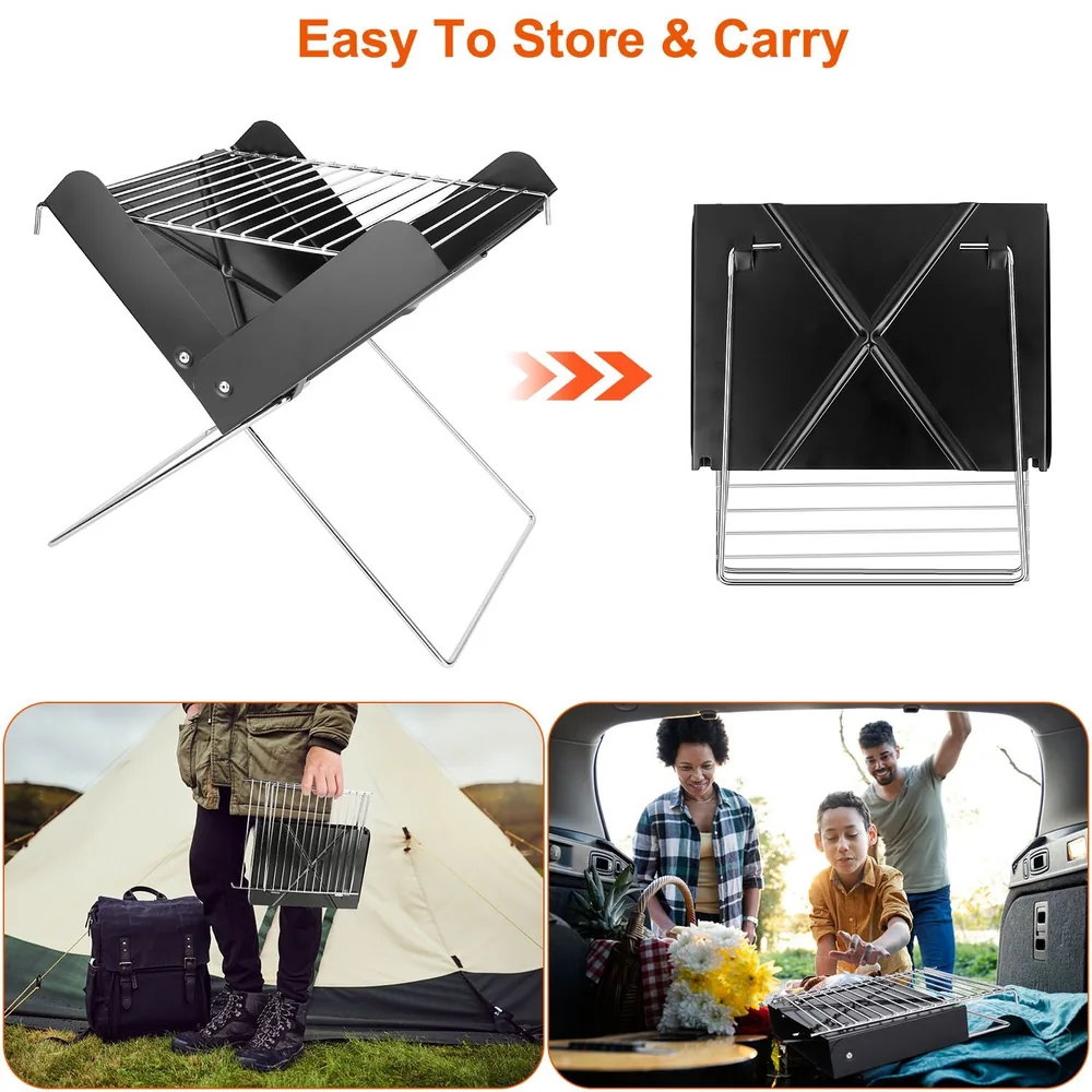 Portable folding grill with sleek design, easy to store and carry, set against outdoor camping and car picnic scenes.