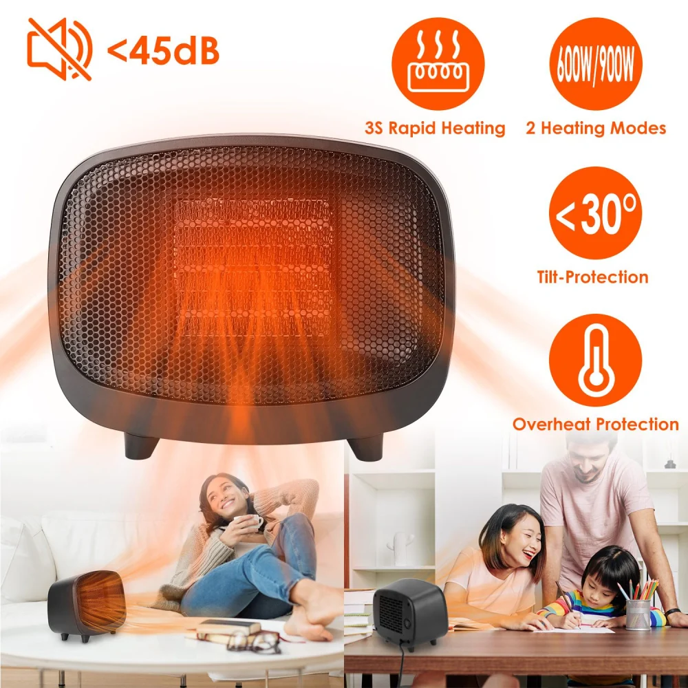 Portable electric heater with rapid heating, two modes, and safety features in a cozy indoor setting.