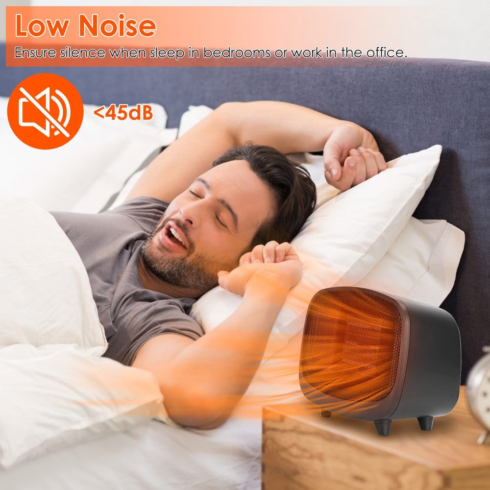 Compact low-noise heater for quiet comfort, suitable for bedrooms and office use, operating under 45dB.