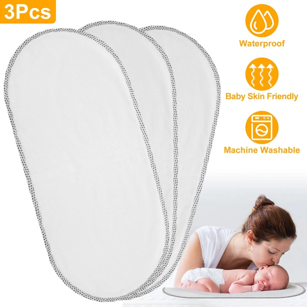 Three baby changing pads, waterproof, baby skin friendly, and machine washable, with a parent caring for a baby in the background.