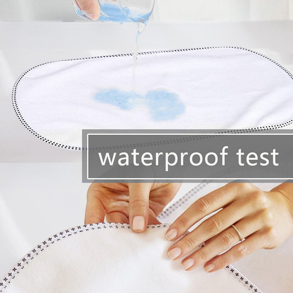 Close-up of a waterproof test showing water droplets on a white absorbent pad, with hands demonstrating its effectiveness against liquid, highlighting its durable design.