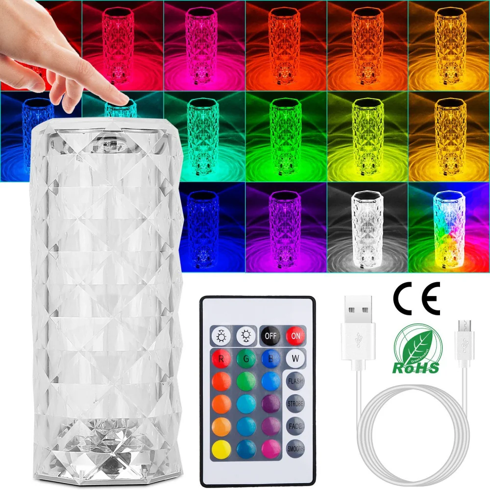 LED color-changing lamp with remote control, displaying various vibrant colors against a backdrop of illuminated patterns, featuring a faceted design for added aesthetic appeal.