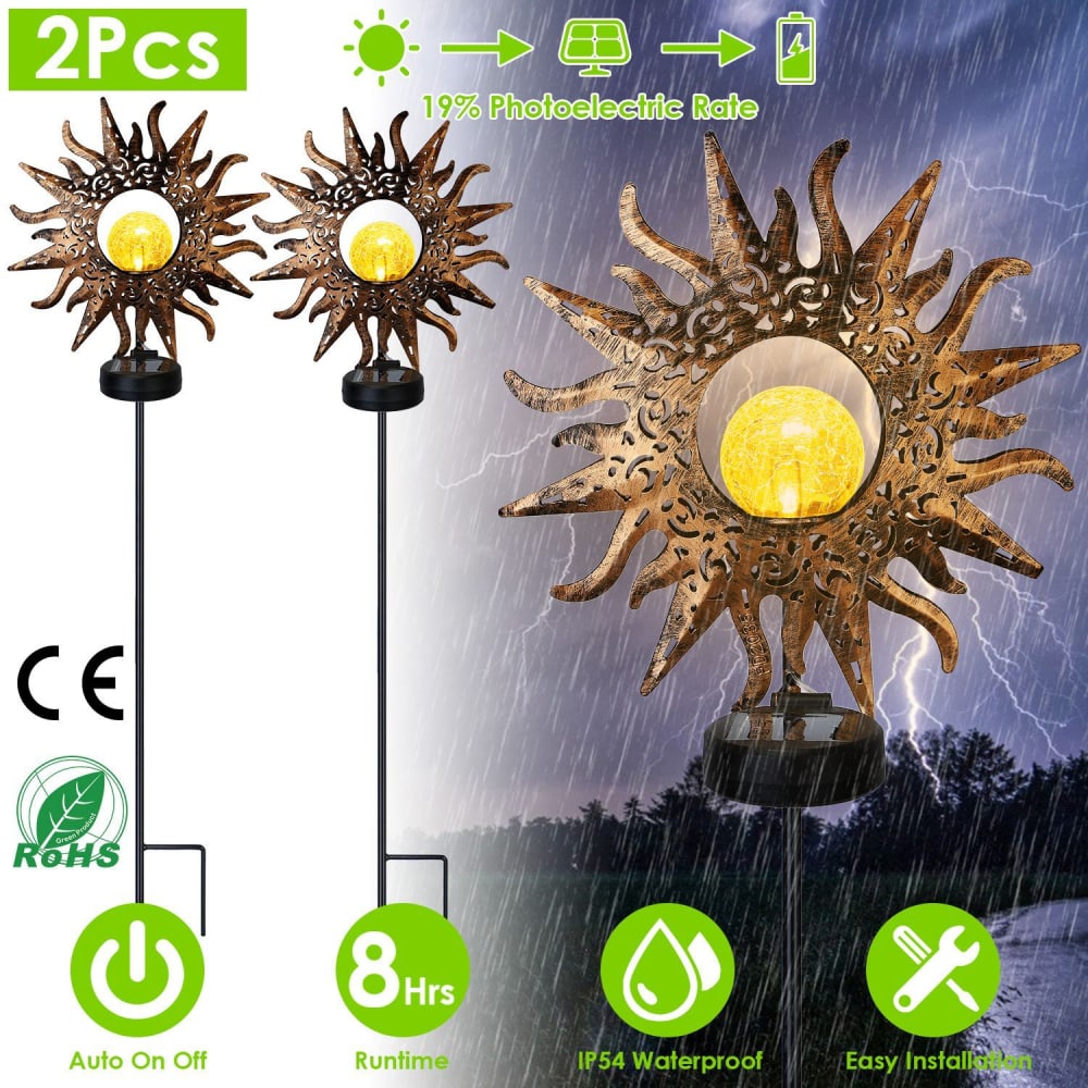 Set of 2 solar garden lights featuring sun-shaped designs with intricate patterns, warm yellow LED bulbs, IP54 waterproof rating, automatic on/off function, 8 hours of runtime, and easy installation, suitable for outdoor decor.