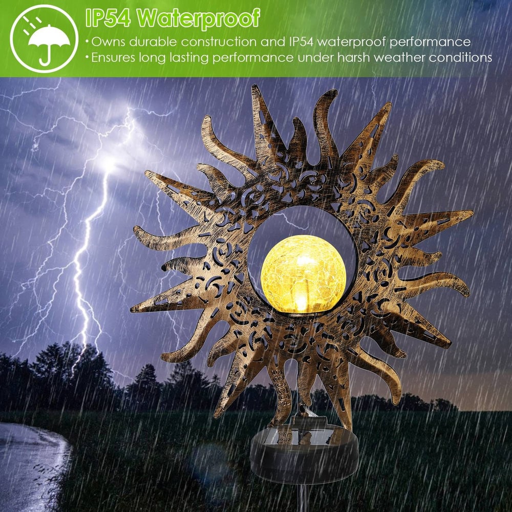 Durable IP54 waterproof solar garden light with a sun design and glowing crackle glass globe, showcased against a stormy background to highlight its weather-resistant features.