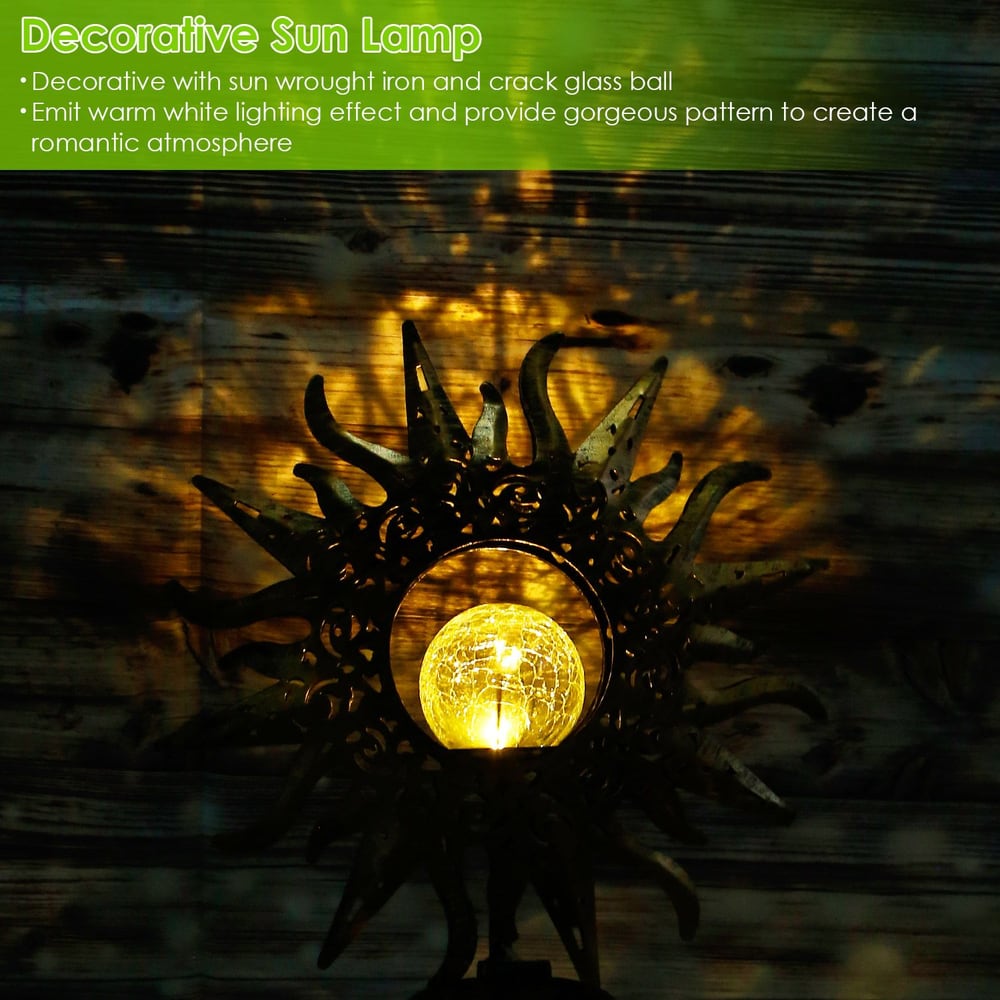 Warm white decorative sun lamp featuring wrought iron design and crack glass ball, casting enchanting light patterns for a romantic ambiance.