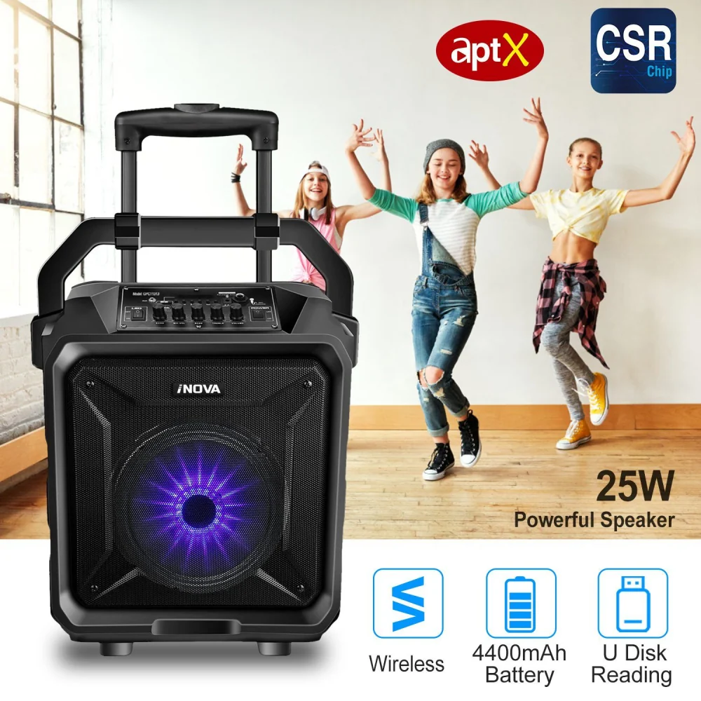 Portable wireless speaker with 25W power, 4400mAh battery, and U-Disk reading, showcased with dancers in a bright indoor setting.