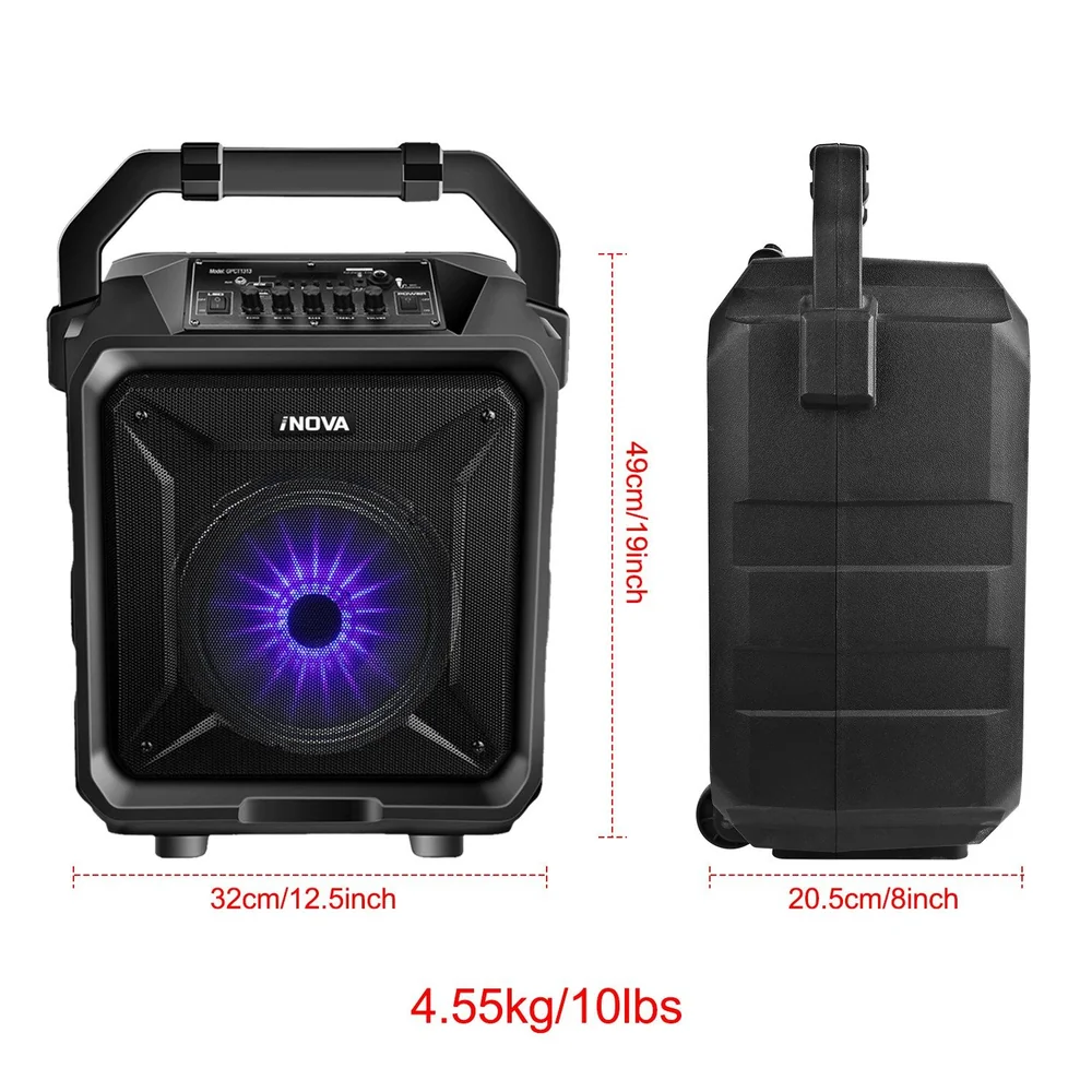 Portable Bluetooth speaker with integrated LED lights, adjustable controls on top, and compact design, measuring 49cm height, 32cm width, and 20.5cm depth, weighing 4.55kg.