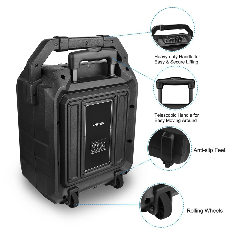 Durable black storage case with heavy-duty and telescopic handles, anti-slip feet, and rolling wheels for easy transportation and secure lifting.