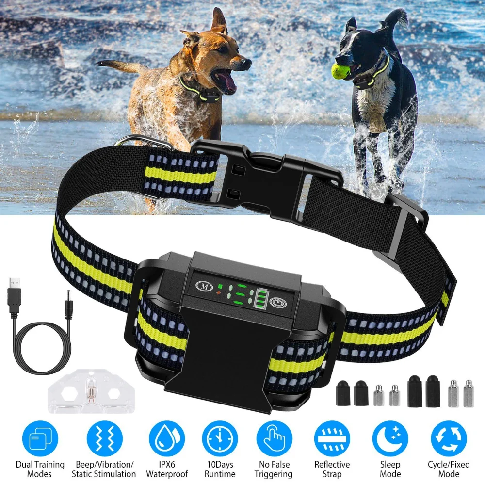 Dog training collar with adjustable settings and waterproof design, featuring reflective strap and multiple training modes, displayed alongside two dogs playing in water.