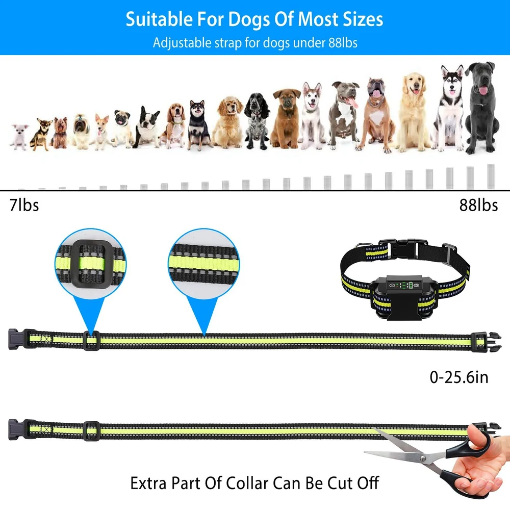 Adjustable dog collar suitable for dogs weighing up to 88 lbs, featuring a secure clip, customizable length from 0-25.6 inches, and highlighting easy modification options with scissors for a perfect fit.