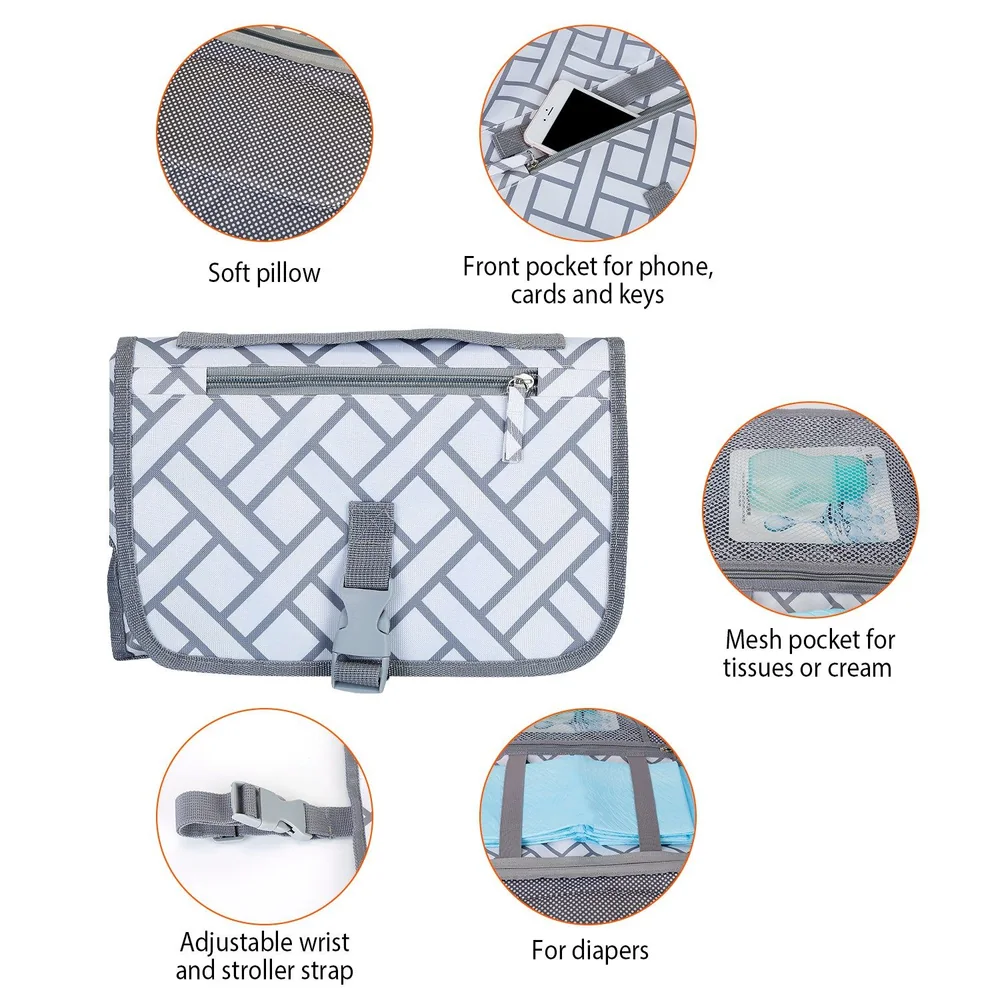 Portable diaper changing pad with soft pillow, front pocket for valuables, adjustable wrist and stroller strap, and mesh pocket for tissues; ideal for on-the-go parents.